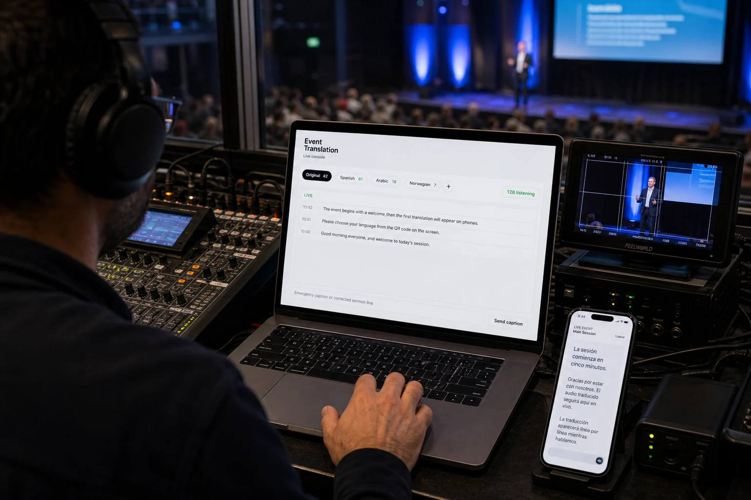A volunteer running Koine on a laptop during a live event.