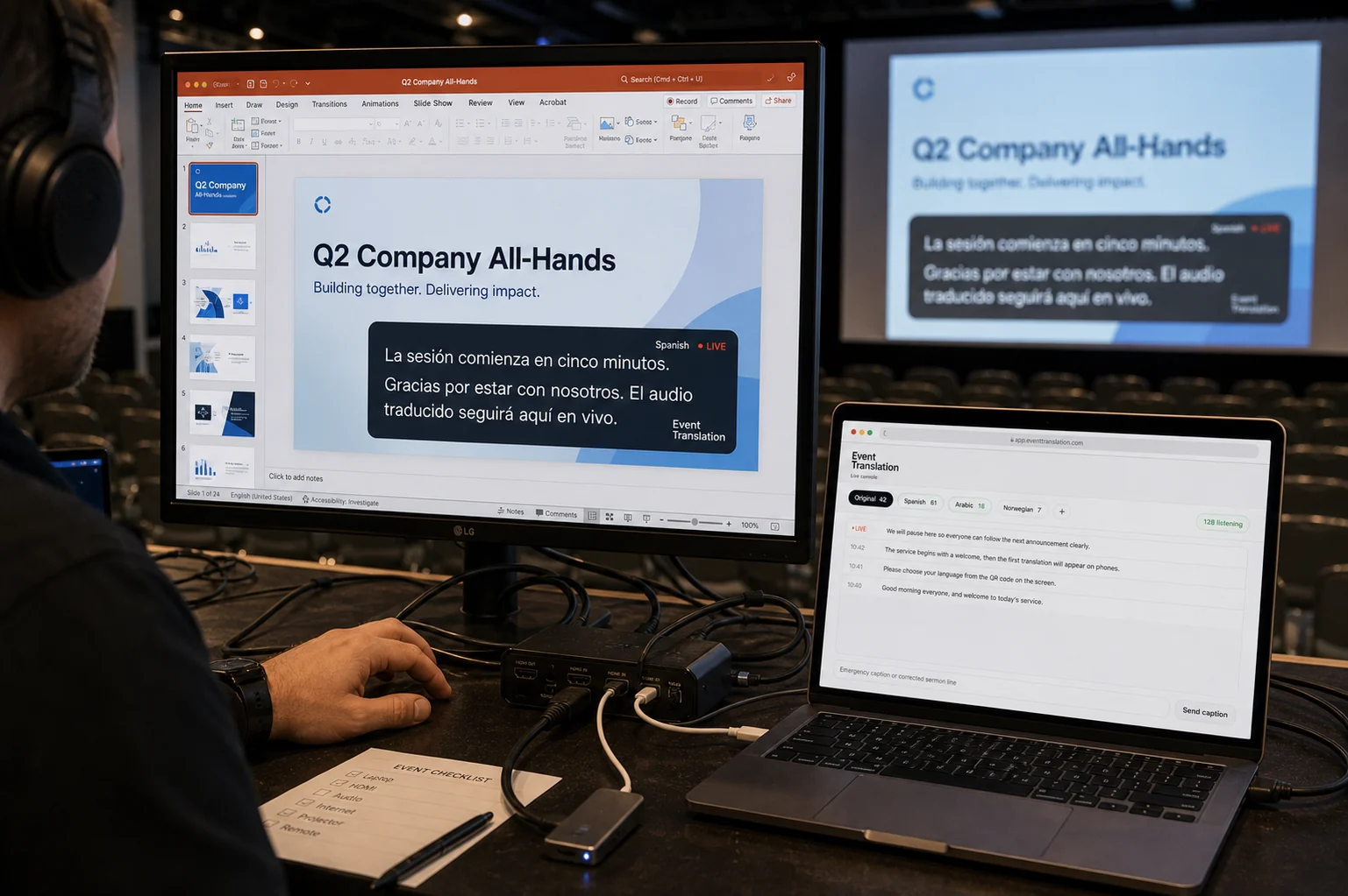 A presentation screen with translated captions positioned as an overlay.