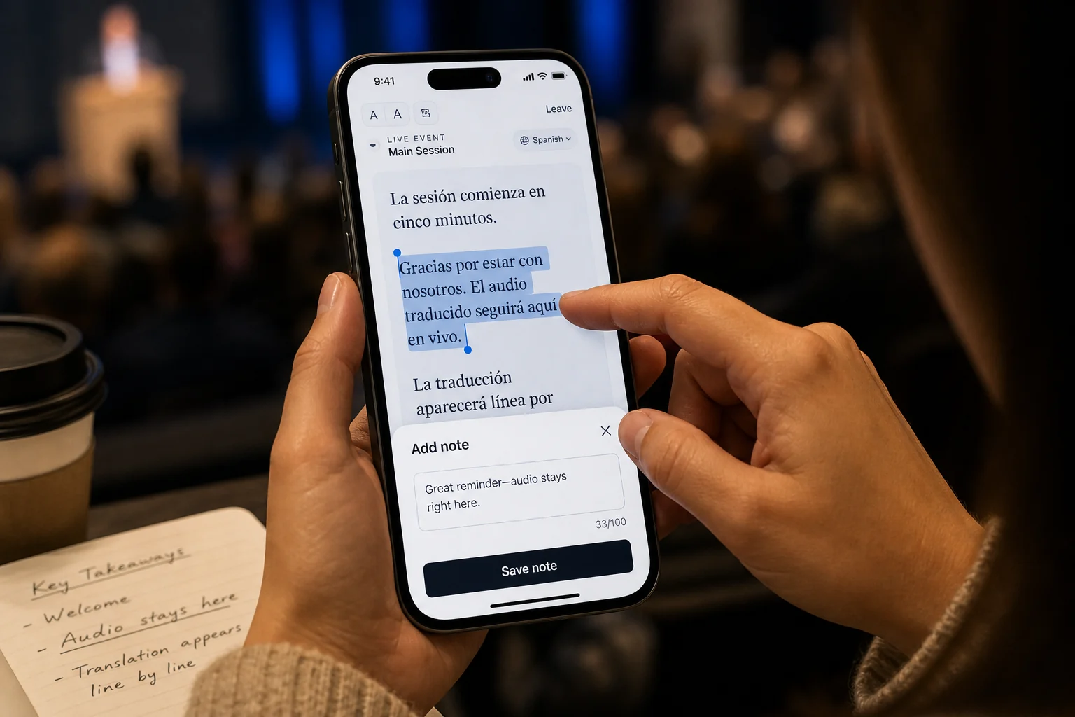 A phone highlighting and saving a line from the live translation.