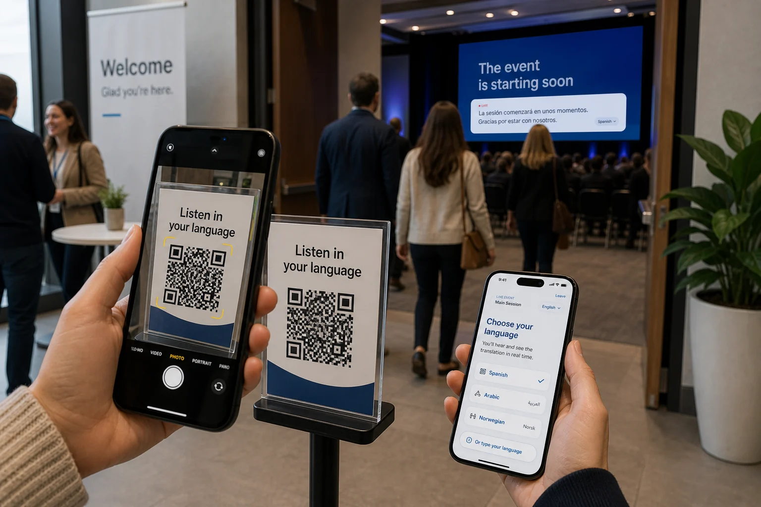 A join code on a sign at the entrance, and a worker choosing their language on their own phone.