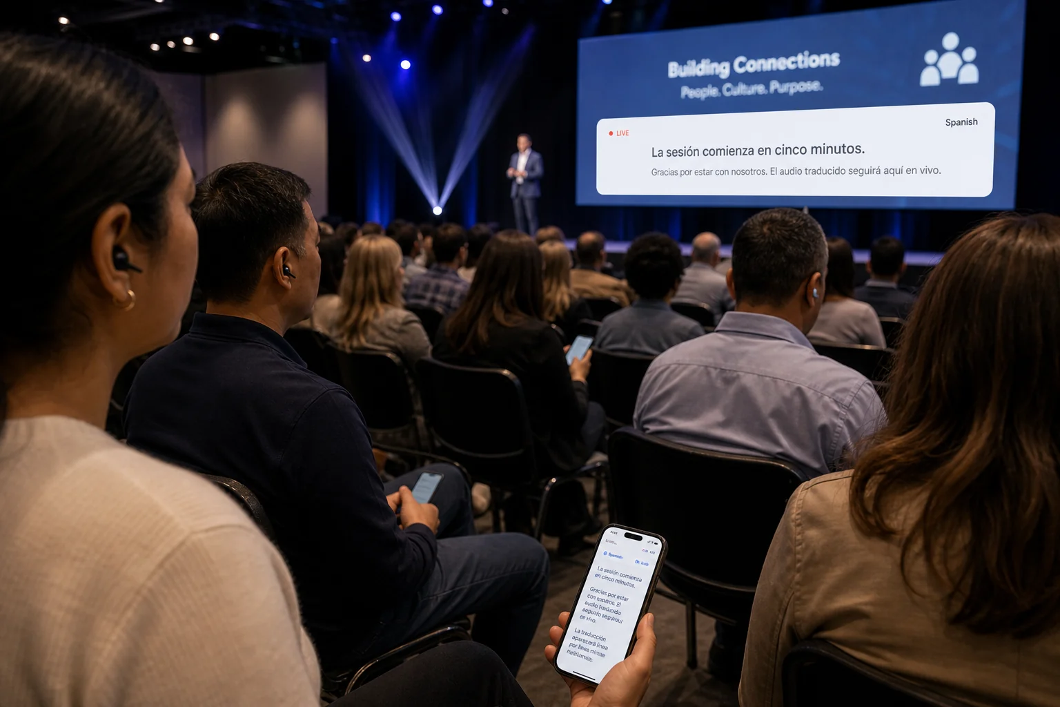 An audience following a session with live captions on the room's main screen.