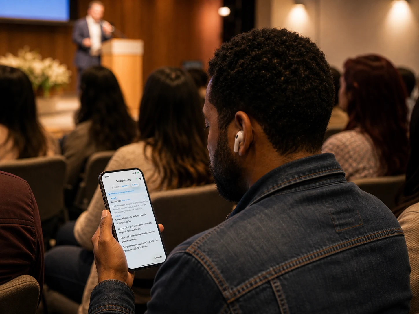 A listener's phone showing a Bible verse in Spanish during a service.