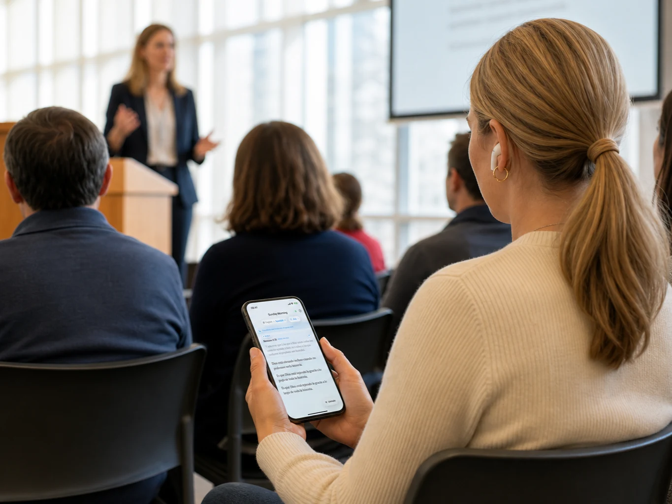 A student's phone showing a live transcript of the lesson while the speaker presents.
