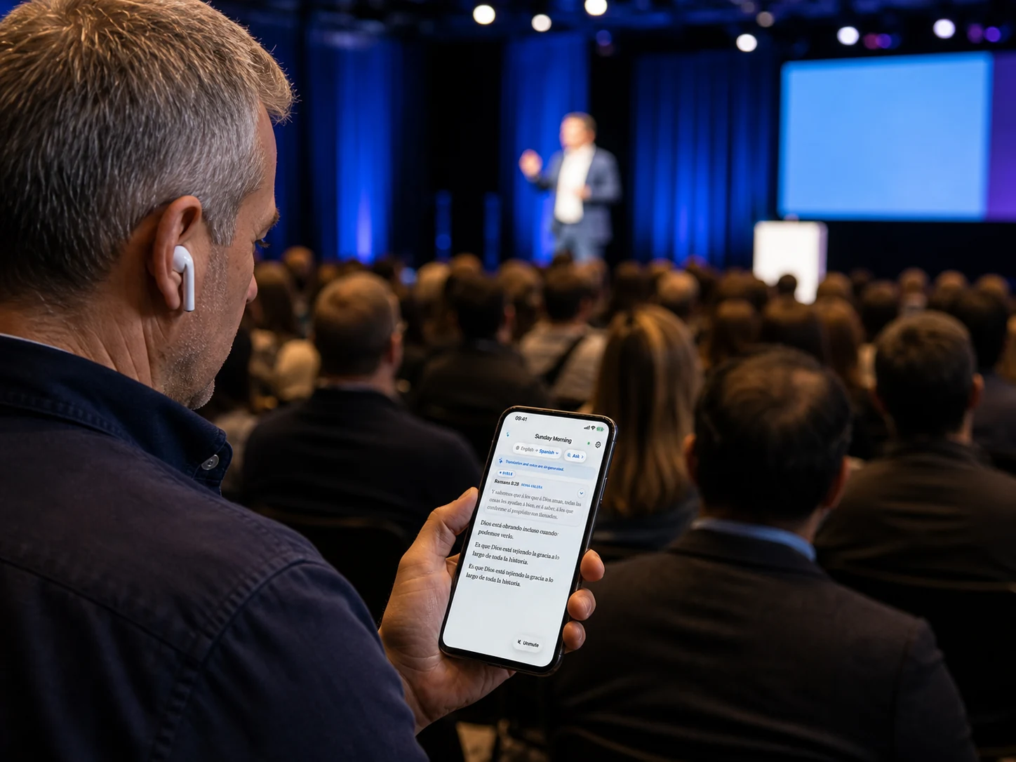 A conference keynote with live language access in the room.
