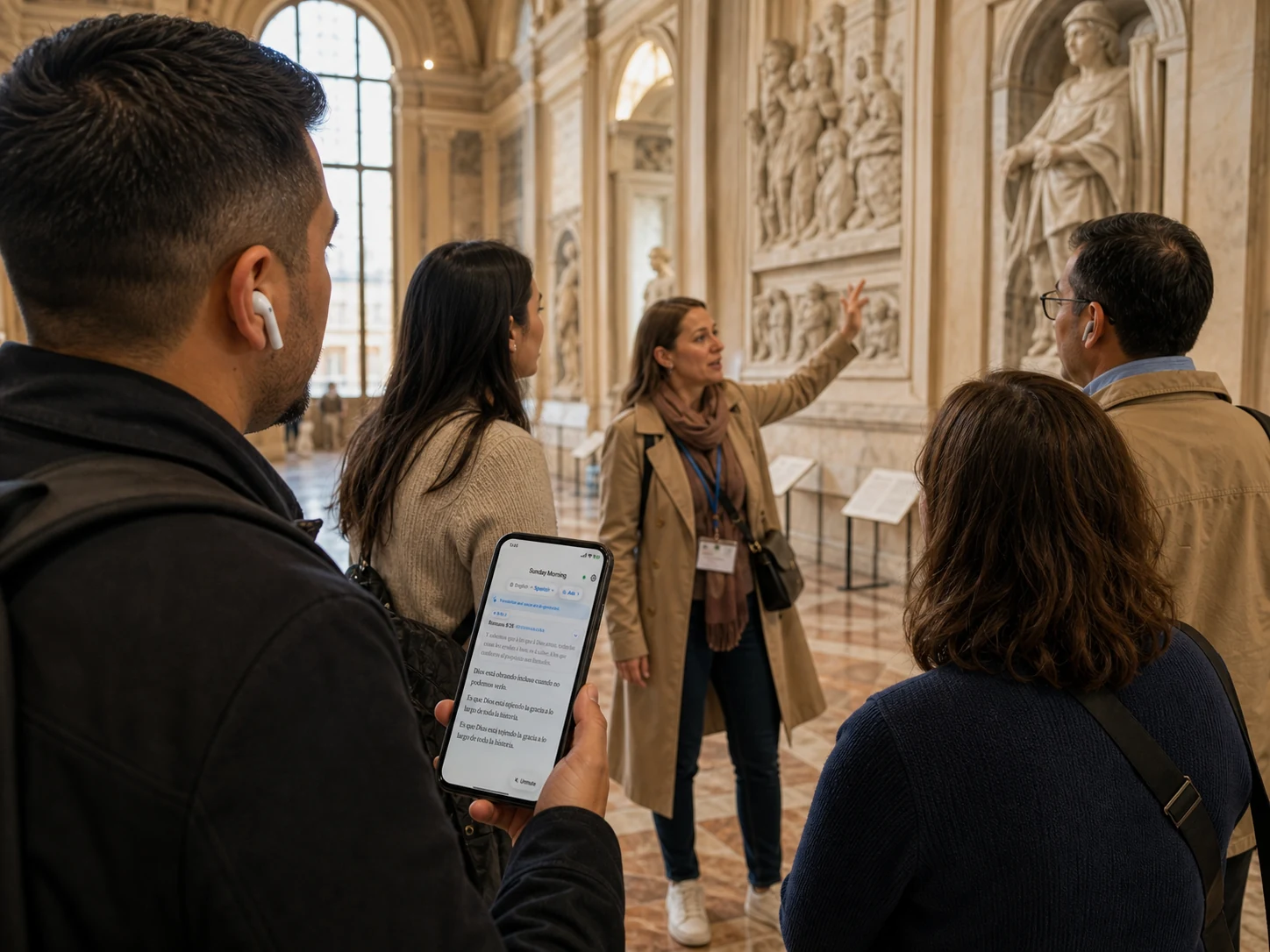 A visitor following a live translated transcript on their own phone, with the guide speaking in the background.